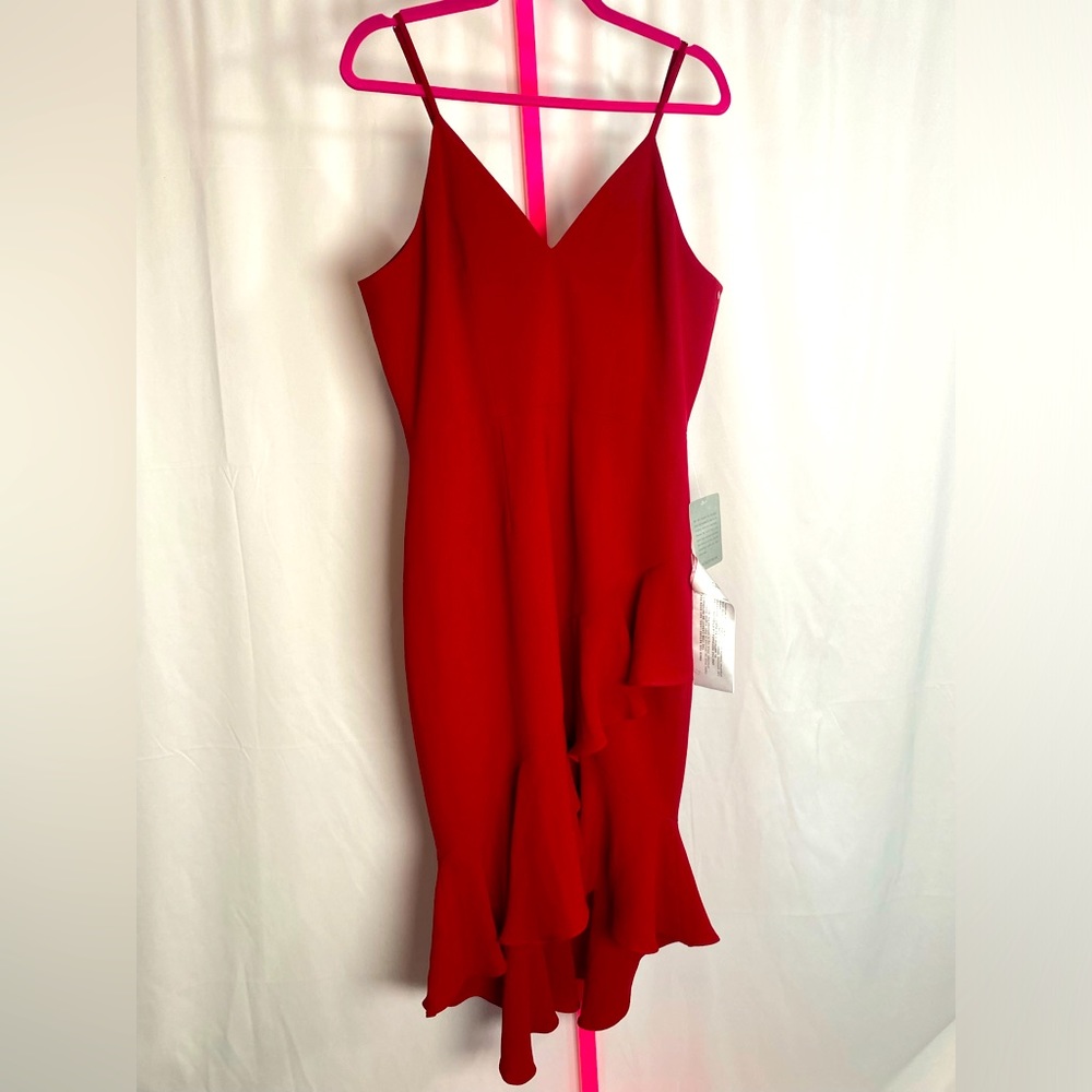 DRESS THE POPULATION NWT Red spaghetti strap midi dress bottom angled ruffle’s